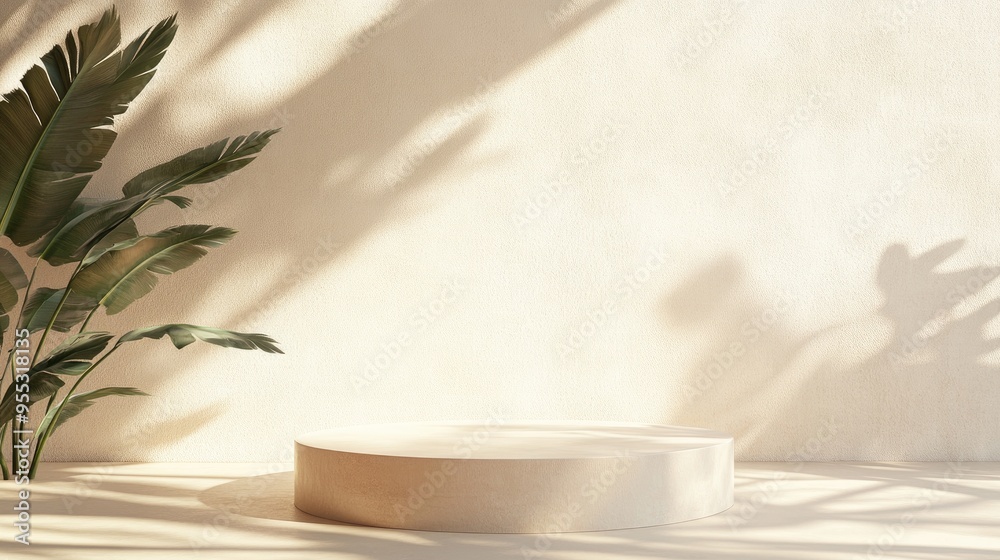 Natural podium on a pastel light stucco background featuring subtle plant shadows on the wall 3D render Mockup for exhibitions product presentations wellness and relaxation themes Natural podium on a pastel light stucco background featuring subtle plant shadows on the wall 3D render Mockup for exhibitions product presentations wellness and relaxation themes