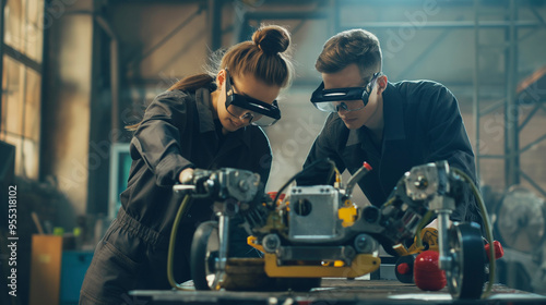 Dois jovens engenheiros consertando um robô mecânico com rodas na oficina usando óculos industriais photo