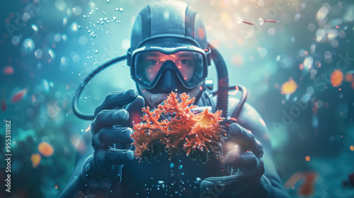 A scuba diver wearing a wetsuit and holding a realistic coral piece. The background should be a blurred underwater scene with bright. photo