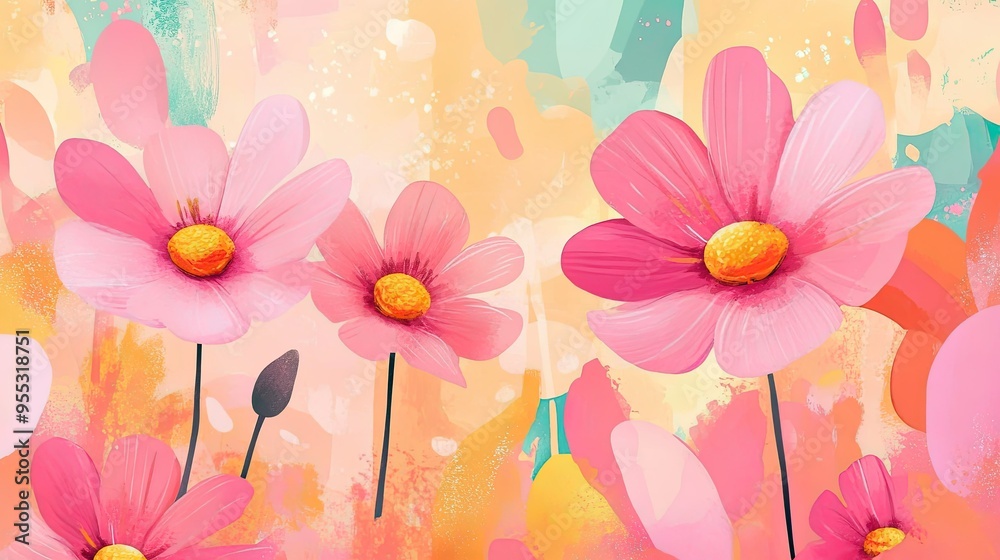 Adorable pink flower print in a modern cartoon design, with cheerful and colorful backgrounds Adorable pink flower print in a modern cartoon design, with cheerful and colorful backgrounds