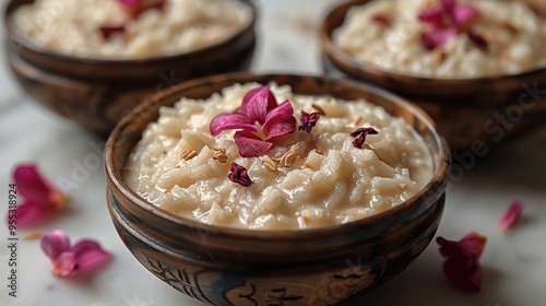 Kheer rice pudding bowl, diwali holiday traditional Indian food dessert, closeup view photo