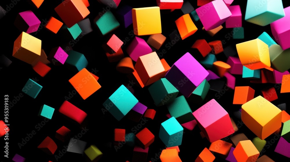 Floating geometric shapes in various vibrant colors create a dynamic visual effect against a dark backdrop Floating geometric shapes in various vibrant colors create a dynamic visual effect against a dark backdrop