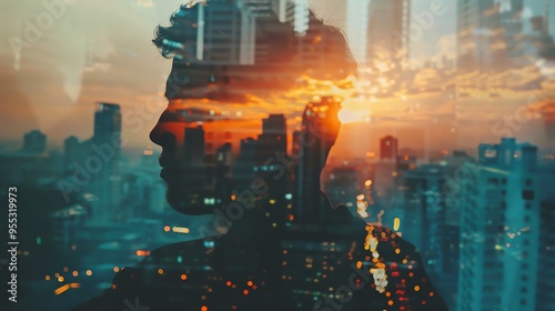 Double exposure of a thoughtful man and cityscape at sunset, introspective and urban