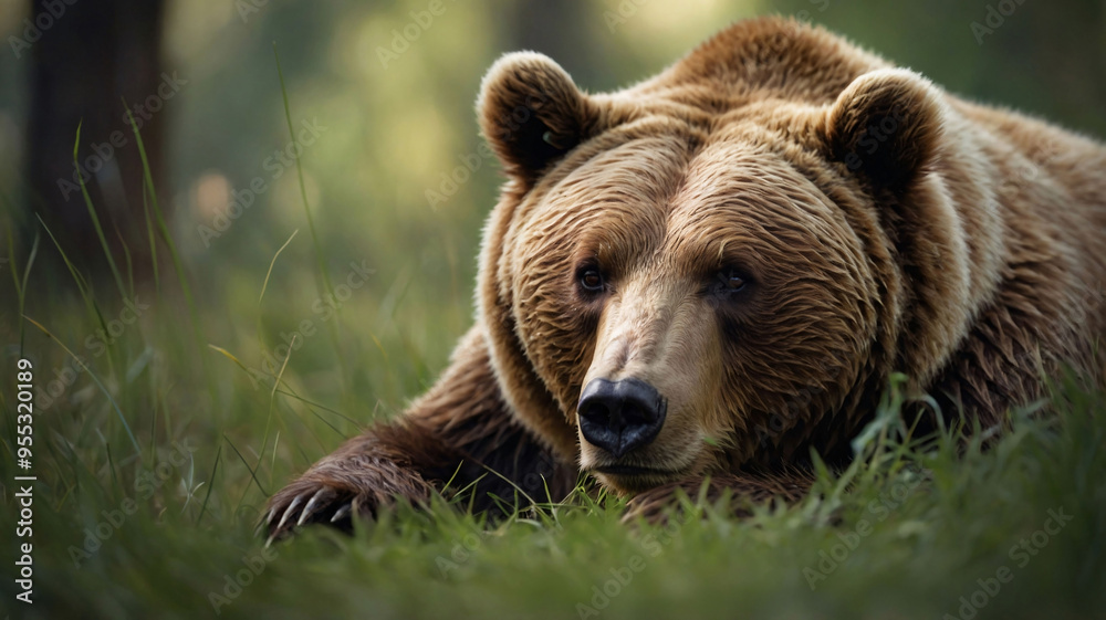 Cute brown bear resting in forest. Portrait of wild bear lying on grass in woodland. Wildlife 
