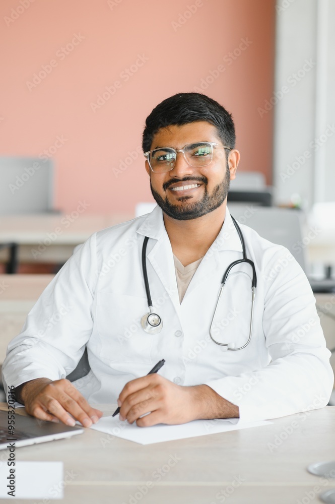 Young Indian male professional doctor wear white medical uniform with stethoscope Young Indian male professional doctor wear white medical uniform with stethoscope