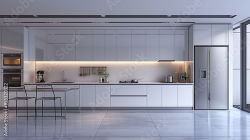 Modern and minimalist white kitchen design featuring clean lines and open space