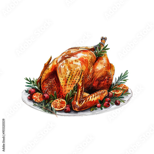 roasted turkey vector illustration in watercolor style