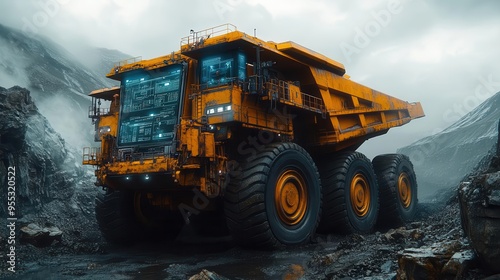 futuristic openpit mine robotic dump truck amid holographic overlay of realtime data merging physical and digital realms in industrial symphony