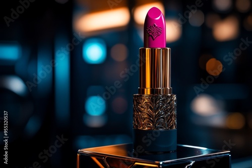 Viva Magenta lipstick in a luxurious case, captured in a photo where a luxurious case opens to reveal a vibrant magenta lipstick, ready to add a bold touch to any makeup routine photo