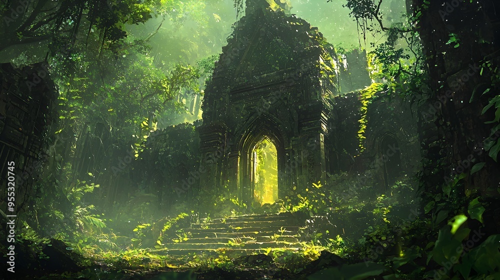Enchanting Moss-Covered Archway in Lush Primeval Forest Landscape Enchanting Moss-Covered Archway in Lush Primeval Forest Landscape