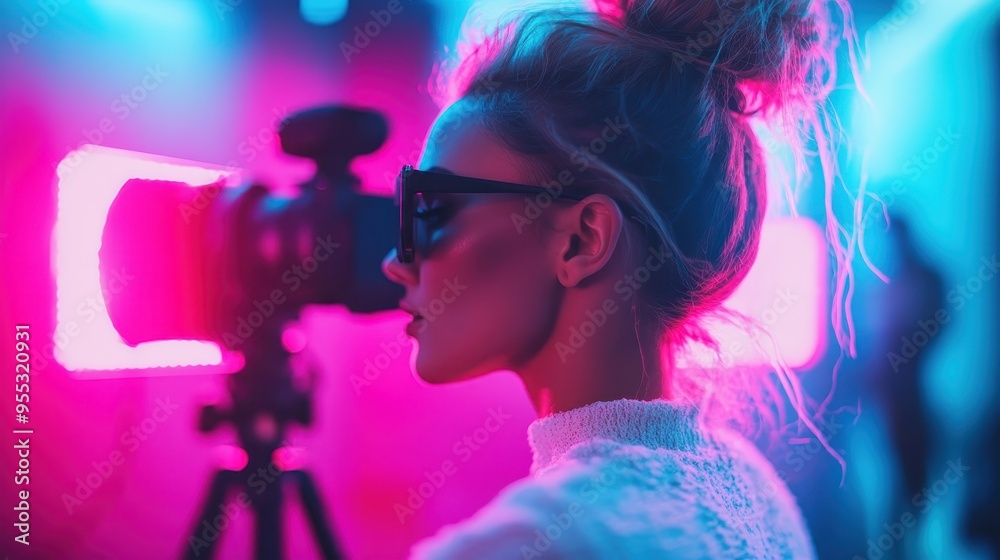 A creative female filmmaker captured while operating a camera to film a scene, in a studio setting illuminated by vibrant pink and blue lights. It showcases creativity and focus.