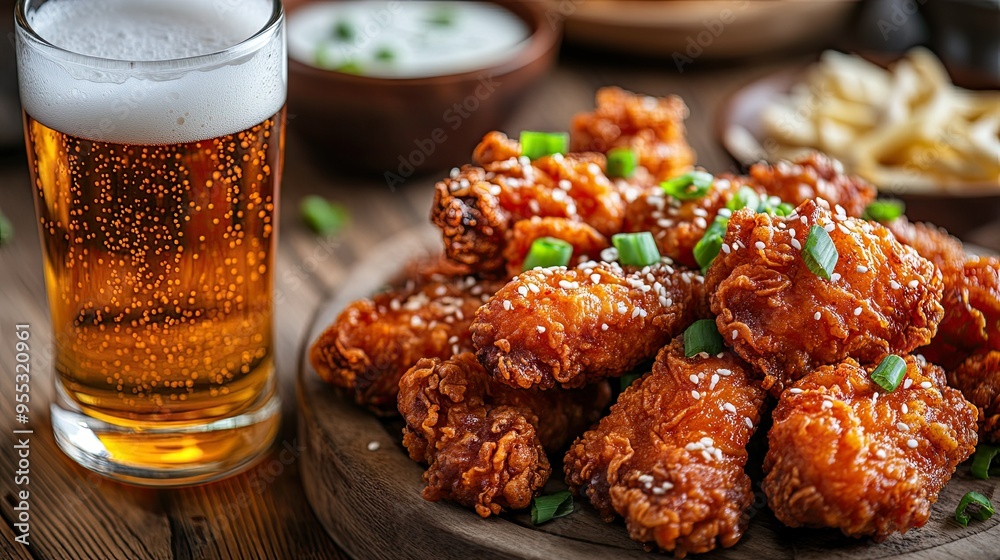 Close-up of crispy Korean fried chicken paired with a cold beer, capturing the deliciousness of chimaek on a wooden table. Close-up of crispy Korean fried chicken paired with a cold beer, capturing the deliciousness of chimaek on a wooden table.