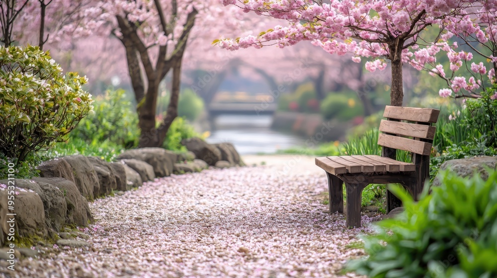 Tranquil Riverside Garden with Cherry Blossoms and Wooden Bench Amidst Serene Beauty