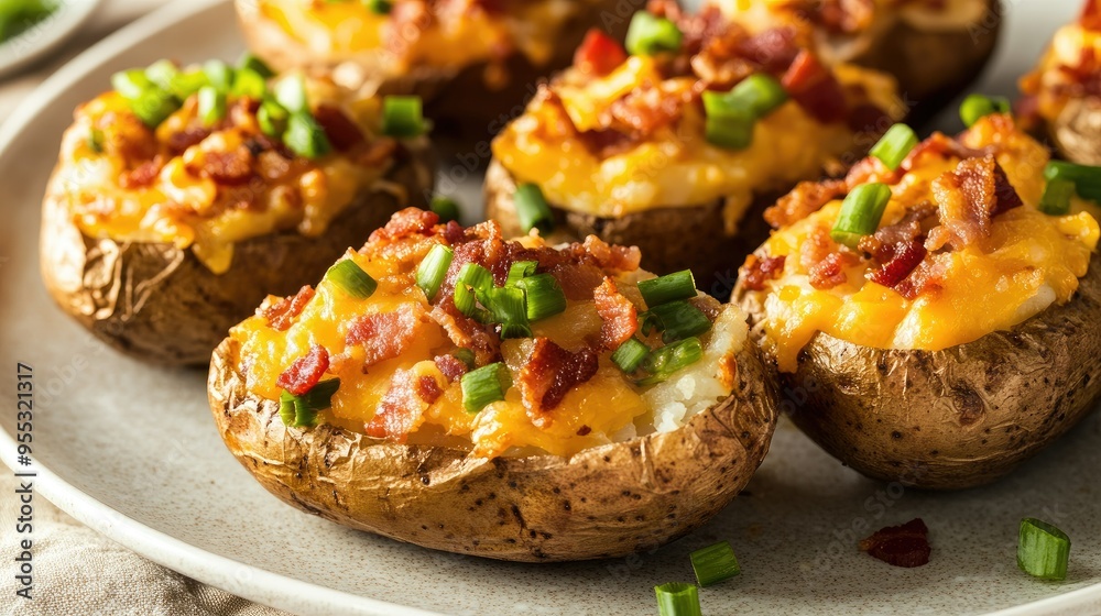Close-up view of loaded baked potatoes garnished with bacon, green onions, and cheese, presented on a white ceramic plate. Close-up view of loaded baked potatoes garnished with bacon, green onions, and cheese, presented on a white ceramic plate.