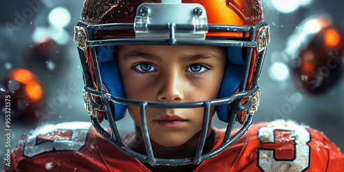 Young boy wearing an American football helmet and jersey, ready for the game.