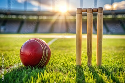 cricket ball and bails on green grass pitch long shot photo