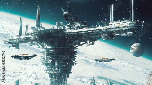 Fototapeta Naklejka Na Ścianę i Meble -  Futuristic Spacecraft Docking with Orbital Space Station Above Celestial Planet