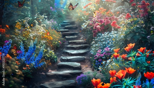 Enchanting garden path surrounded by colorful flowers and butterflies