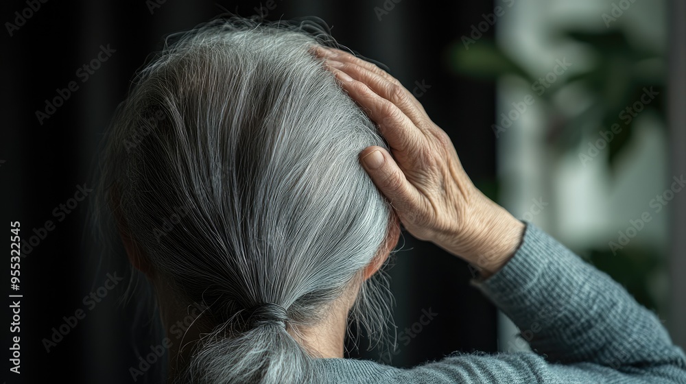 Obraz premium An aging woman touches her head, back view showing gray hair and the physical toll of aging, indicative of memory loss.