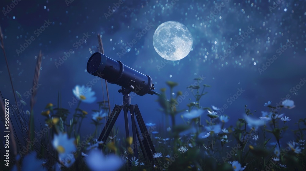 Stargazing Telescope in a Moonlit Flower Field Stargazing Telescope in a Moonlit Flower Field