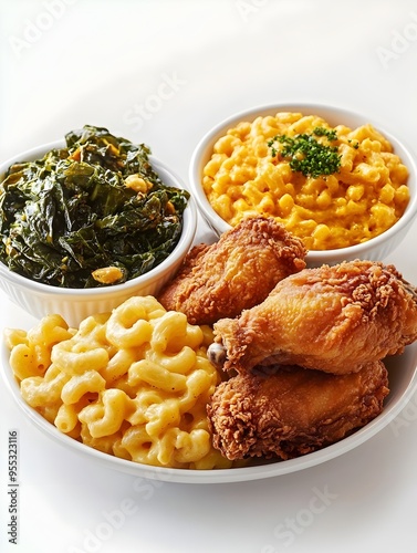 Hearty Soul Food Display with Collard Greens Mac and Cheese Cornbread and Crispy Fried Chicken on Minimal White Background