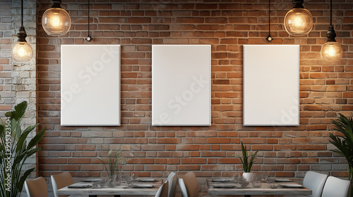 Three vertical blank canvases hanging on a brick wall of a restaurant with edison light bulbs photo