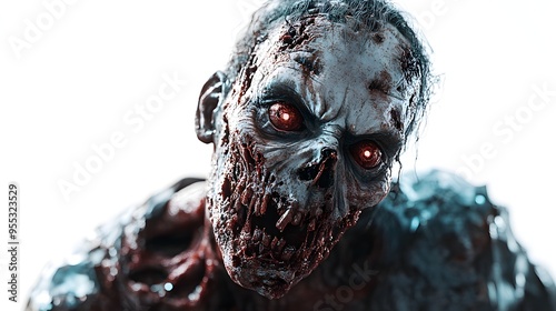 Plague zombie with decaying flesh, adorned with eerie Halloween masks, creepy and unsettling atmosphere, 3D rendering, isolated on white background photo