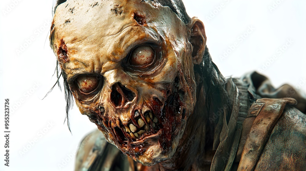 Plague zombie with rotting features, wearing a spooky Halloween mask, cinematic horror art, eerie lighting, isolated on white background Plague zombie with rotting features, wearing a spooky Halloween mask, cinematic horror art, eerie lighting, isolated on white background