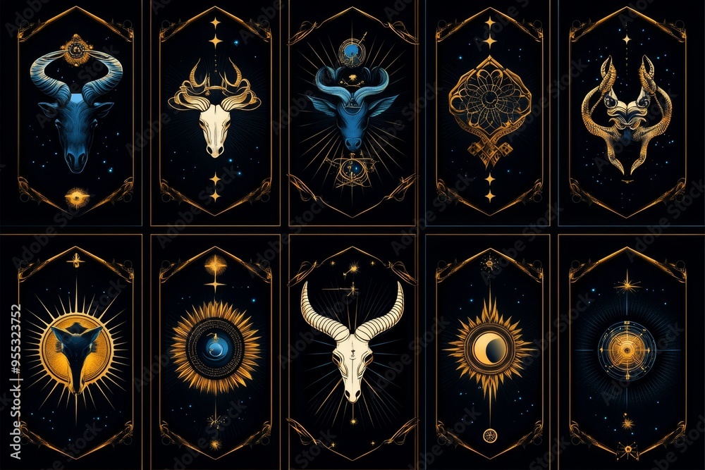 Zodiac signs in a vintage poster series, captured in a collection where ...