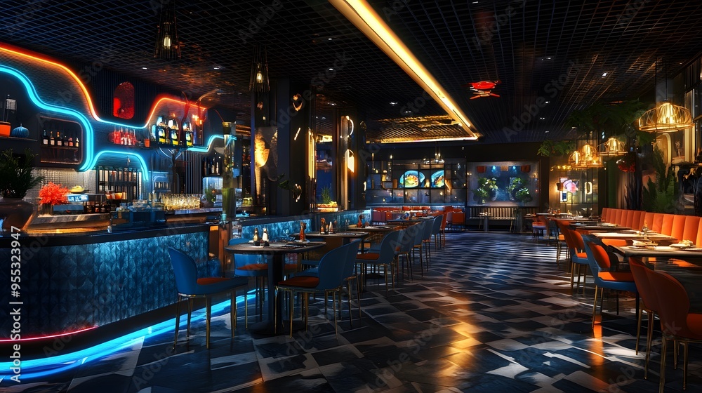 A restaurant showcasing vibrant 3D-rendered decor and dynamic themes A restaurant showcasing vibrant 3D-rendered decor and dynamic themes