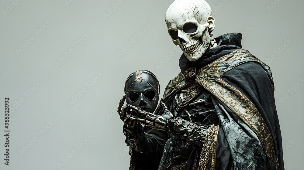 Regal skeletal figure with a worn cape, holding a Halloween mask, dramatic lighting, dark fantasy theme, isolated on white background Regal skeletal figure with a worn cape, holding a Halloween mask, dramatic lighting, dark fantasy theme, isolated on white background