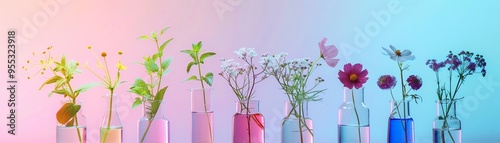 Flowers in colorful glass beakers against a gradient pinkblue background, artistic arrangement,watercolor photo