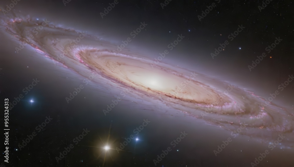 A spiral galaxy with a bright core and visible arms, set against a dark background speckled with distant stars. A spiral galaxy with a bright core and visible arms, set against a dark background speckled with distant stars.