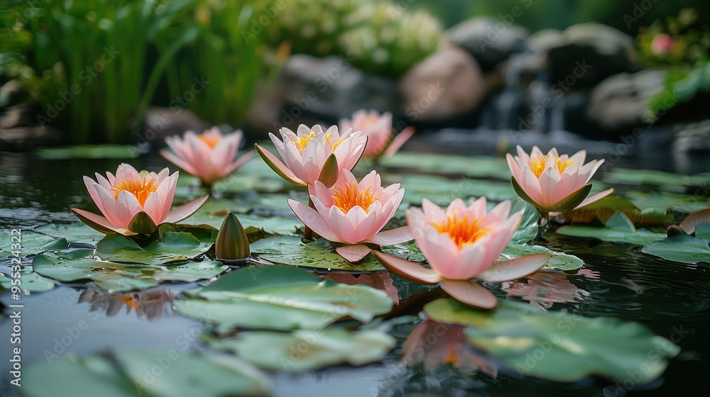 Tranquil Garden Pond with Pastel Water Lilies and Green Foliage - Serene Nature Landscape Tranquil Garden Pond with Pastel Water Lilies and Green Foliage - Serene Nature Landscape