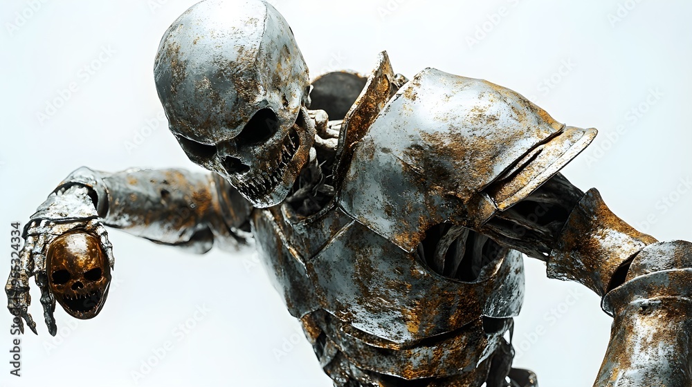 Obraz premium Rusted armor skeletal knight, eerie Halloween mask in hand, dramatic pose, high-resolution rendering, isolated on white background