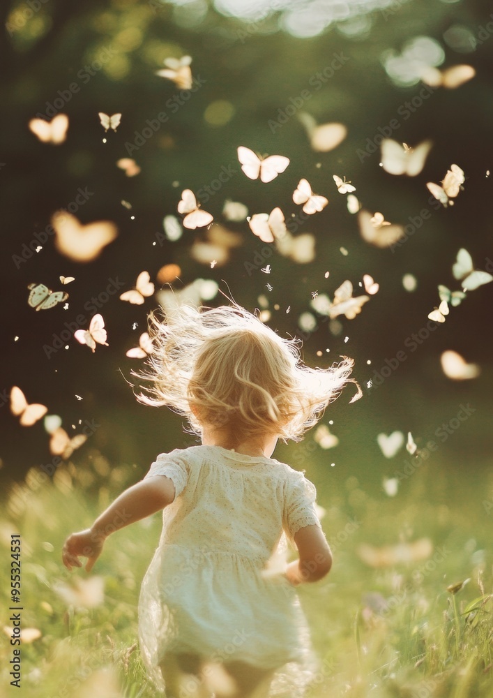 Young Caucasian Girl Running Joyfully Through Forest Clearing with Butterflies in Daylight Creating a Magical Atmosphere Young Caucasian Girl Running Joyfully Through Forest Clearing with Butterflies in Daylight Creating a Magical Atmosphere