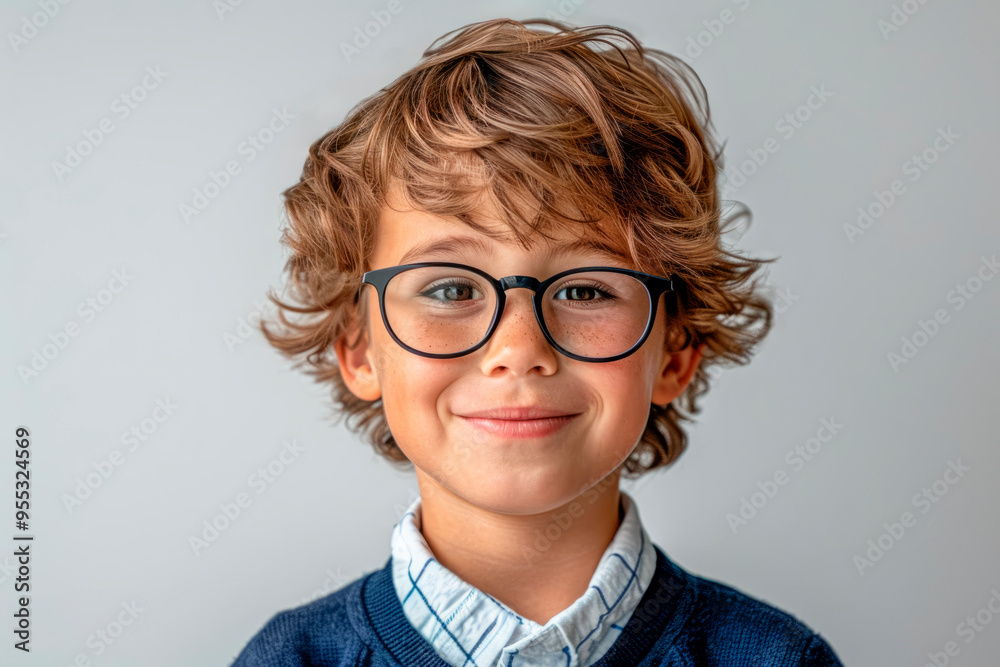 Happy smiling boy child primary school age elementary school student in glasses in uniform on white background copy space Happy smiling boy child primary school age elementary school student in glasses in uniform on white background copy space