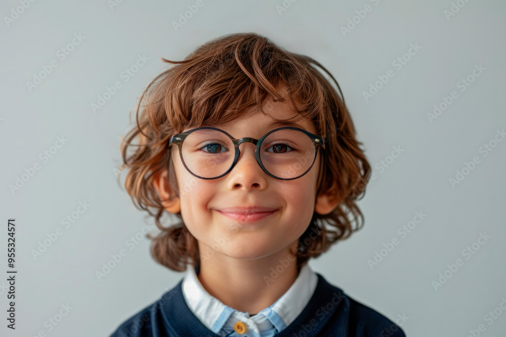 Happy smiling boy child primary school age elementary school student in glasses in uniform on white background copy space