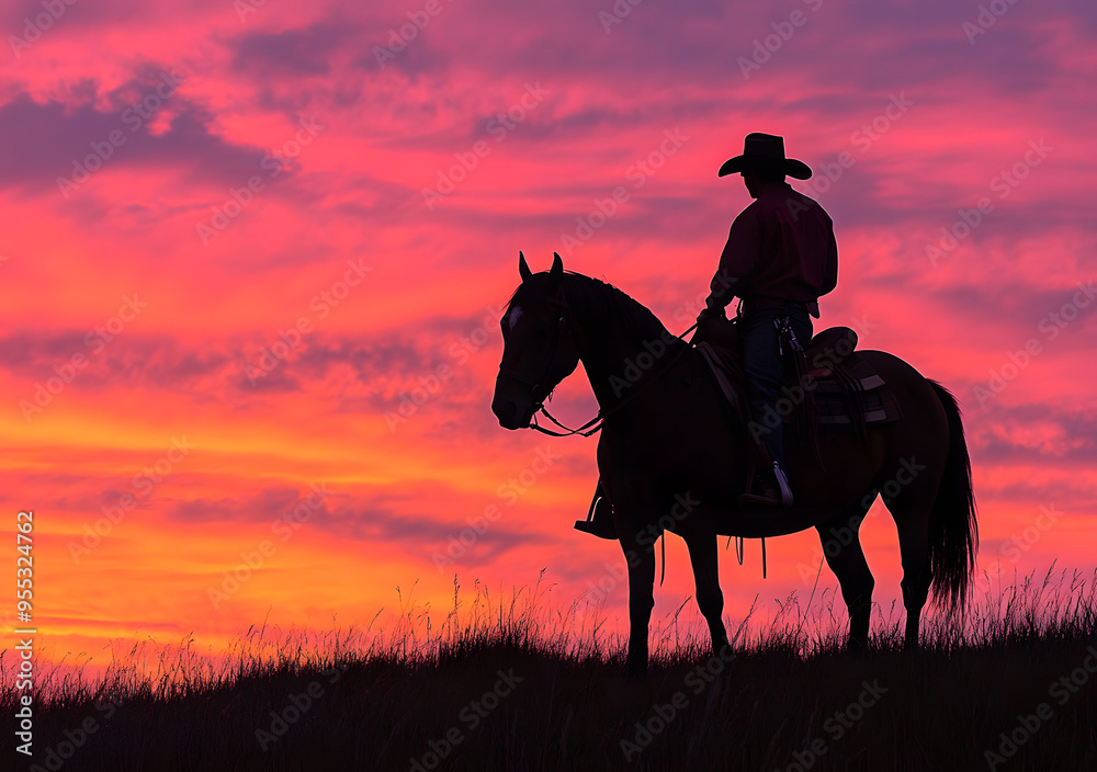 “Silhouette of a Cowboy on Horseback Against a Stunning Sunset Sky, Capturing the Spirit of the Wild West, Adventure, and the Timeless Bond Between Rider and Horse in a Majestic and Peaceful Landscape “Silhouette of a Cowboy on Horseback Against a Stunning Sunset Sky, Capturing the Spirit of the Wild West, Adventure, and the Timeless Bond Between Rider and Horse in a Majestic and Peaceful Landscape
