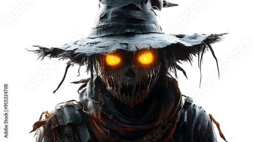 Scarecrow with tattered clothes and glowing eyes, adorned with creepy party masks, 3D illustration, horror theme, isolated on white background photo