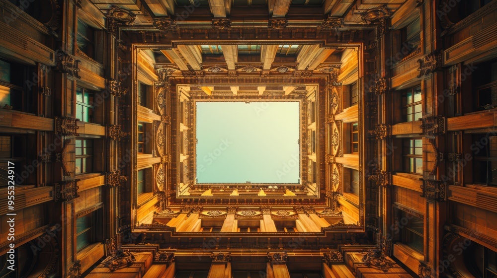 The intricate architectural design of an enclosed courtyard with a clear sky view, showcasing ornate details and symmetrical layering in a majestic building The intricate architectural design of an enclosed courtyard with a clear sky view, showcasing ornate details and symmetrical layering in a majestic building