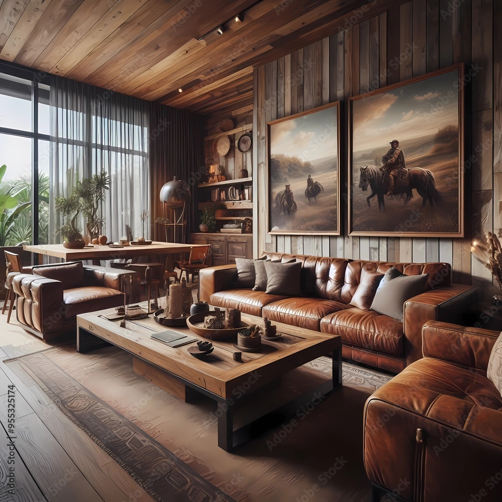 Fototapeta premium Living room with leather sofa and wooden tables Materials: leather, parota wood Style: rustic Shot: panoramic Camera: DSLR Lens: 24mm Depth of field: medium, created with generative AI tools.