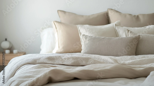 Unmade bed with linen sheets and neutral pillows inviting to sleep