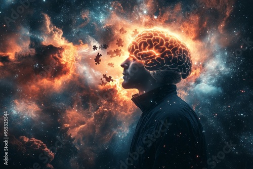 Brain health Brain derived neurotrophic factor Abstract depiction of a man’s head surrounded by cosmic explosions symbolizing the explosive power of thought and the birth of new ideas photo