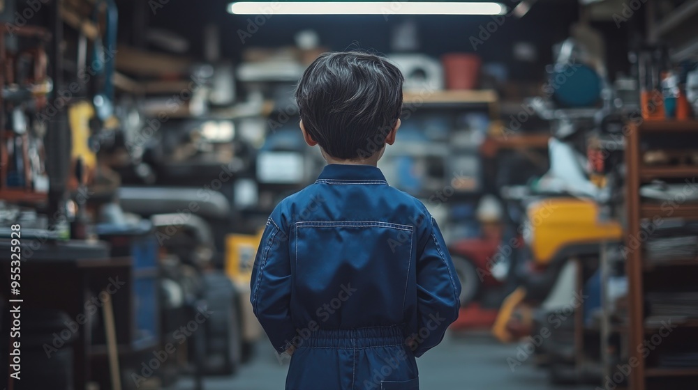 Back view of a boy in a blue jumpsuit, standing confidently in a car repair shop, capturing the curiosity of youth. Back view of a boy in a blue jumpsuit, standing confidently in a car repair shop, capturing the curiosity of youth.