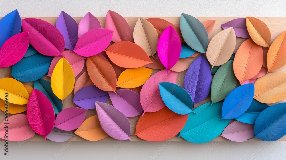 A decorative wall art mockup with a wooden panel featuring intricately carved and painted leaves in various colors, creating a rich, natural tapestry. A decorative wall art mockup with a wooden panel featuring intricately carved and painted leaves in various colors, creating a rich, natural tapestry.