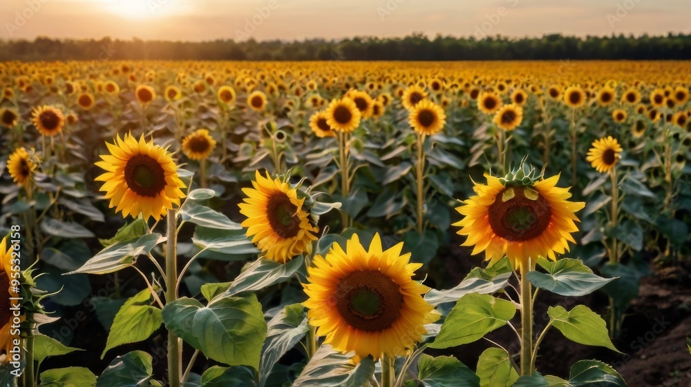 Obraz premium A field of sunflowers in bloom at sunset, with a forest background. Concept of nature