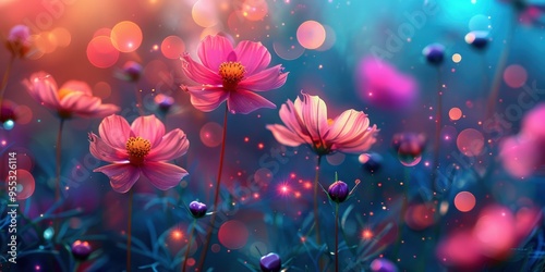 A mesmerizing digital illustration featuring vibrant pink flowers illuminated under soft, dreamy lighting with sparkling bokeh effects in the background