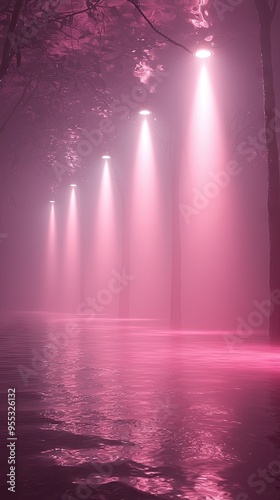 Dark background with lines and spotlights, neon light, and night view. Abstract pink background.