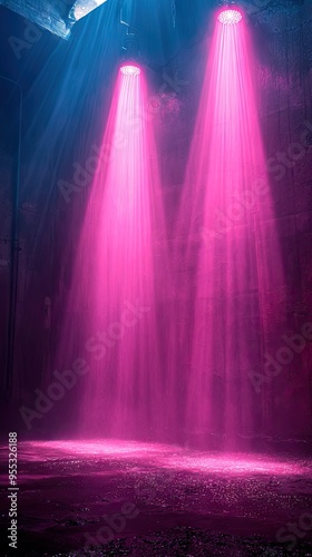 Dark background with lines and spotlights, neon light, and night view. Abstract pink background.